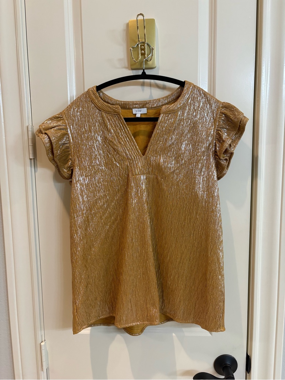 Voy Gold Shimmer V-Neck Flutter Sleeve Top